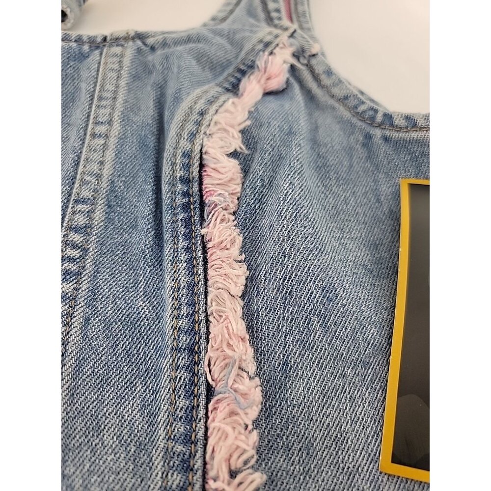 New Lee Denim Crop Tank Top With Pink Frayed Trim Zip Back Jean Sz XS - Picture 4 of 7